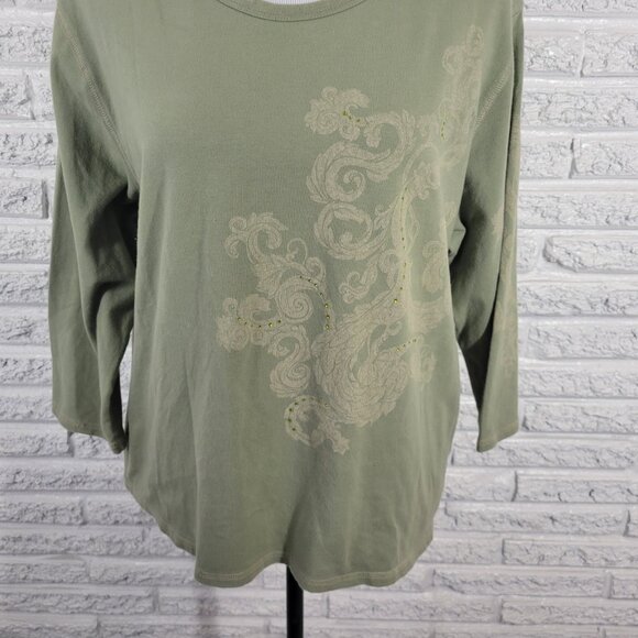 Bay Studio Khakis Womens Top 1X Plus 3/4 Sleeve Green Rhinestones GRE10E - Picture 4 of 8